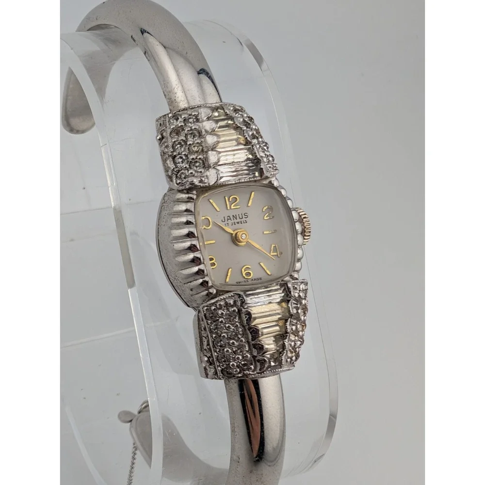 Vintage Janus Mechanical Wach 17 Jewels Crystal Bezel Bangle Band- Working